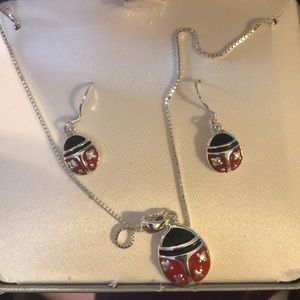 Sterling silver ladybug necklace and earring set